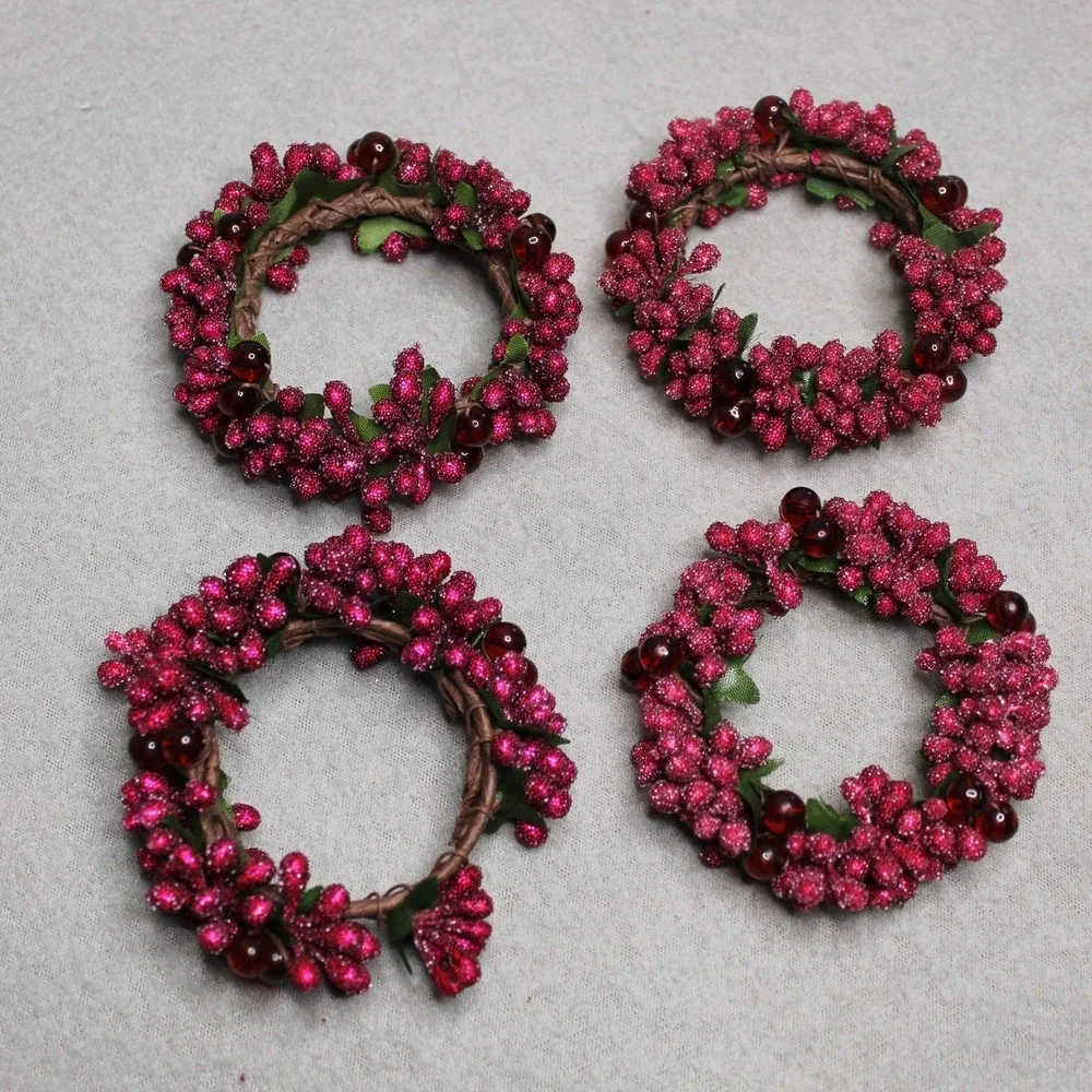 Pier 1 Napkin Rings Red Sugared Cranberry Holiday Set of 4 Beaded‎ Berry